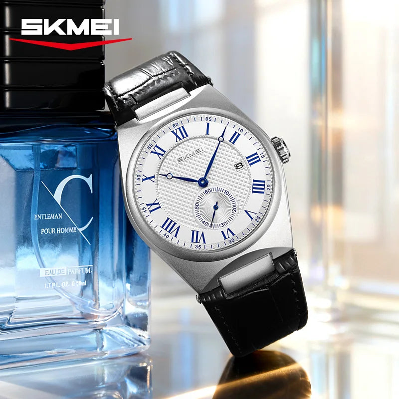 Men's Elegant Quartz Watch with Roman Dial Waterproof Leather Strap Casual Business Watch