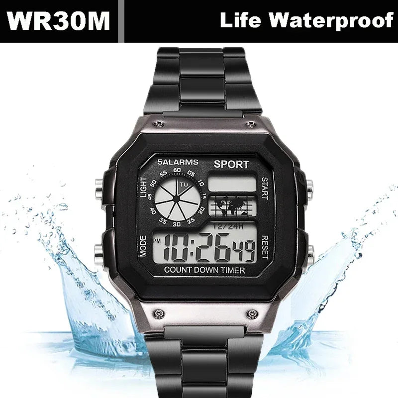 Men's Digital Sports Watch Waterproof LED Stainless Steel Strap Military Style