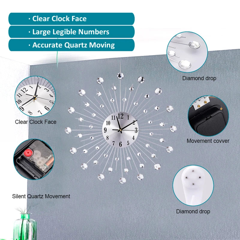 Luxury Metal Diamond Wall Clock 50x50cm Wrought Iron Quartz Decor for Living Room & Office