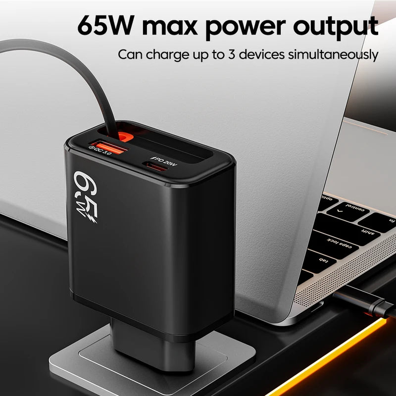 65W USB C Fast Wall Charger with Retractable Type-C Cable and Multi-Port PD QC3.0 Adapter