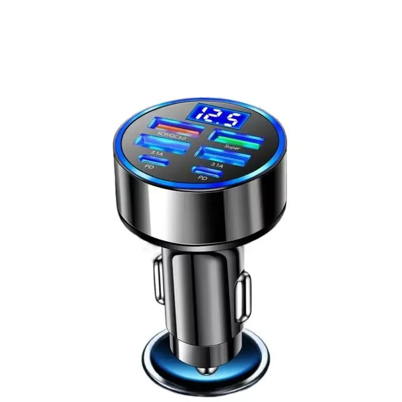 6-in-1 USB C Car Charger Adapter with Voltage Display Fast Charging for iPhone and Samsung