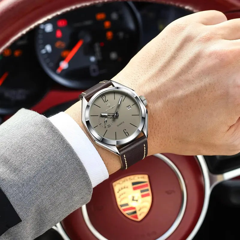 Men's Waterproof Leather Quartz Watch with Luminous Dial and Date - Business Style