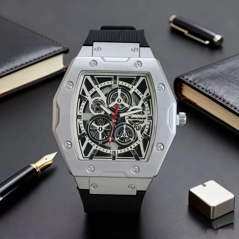 Luxury Men's Skeleton Faux Mechanical Watch Silicone Quartz Sport Watch