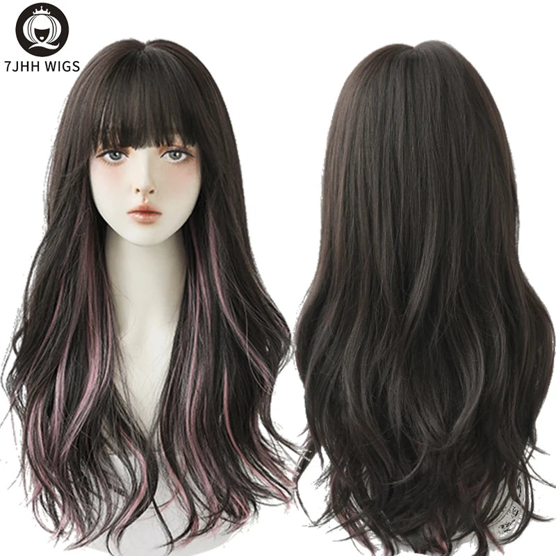 Long Wavy Curly Wigs for Women - Natural Highlights, Heat Resistant Synthetic Hair