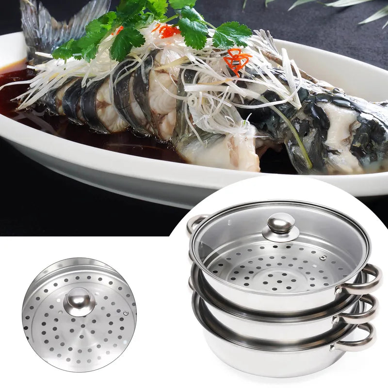 28cm 3-Tier Stainless Steel Food Steamer Set with Glass Lid for Healthy Cooking