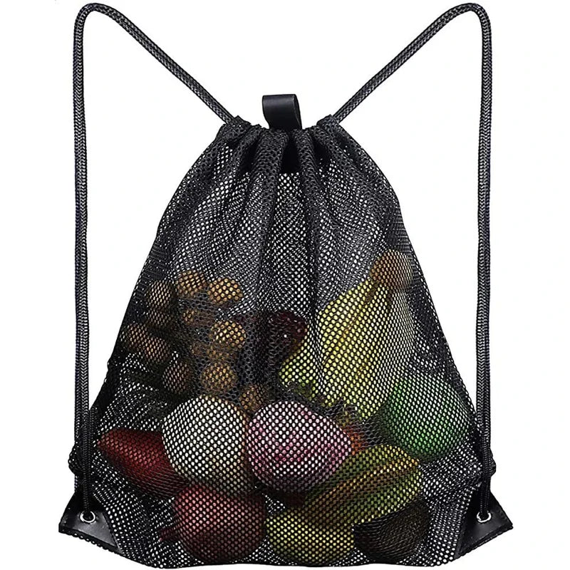 Heavy Duty Mesh Drawstring Bag for Sports, Gym & Travel - Black