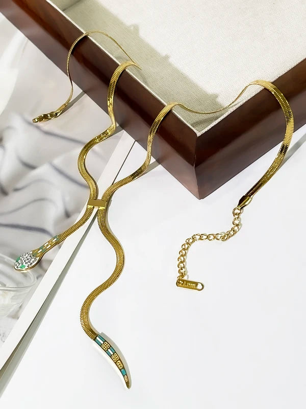 Dainty Gold Plated Rhinestone Snake Chain Necklace with Tassel for Women