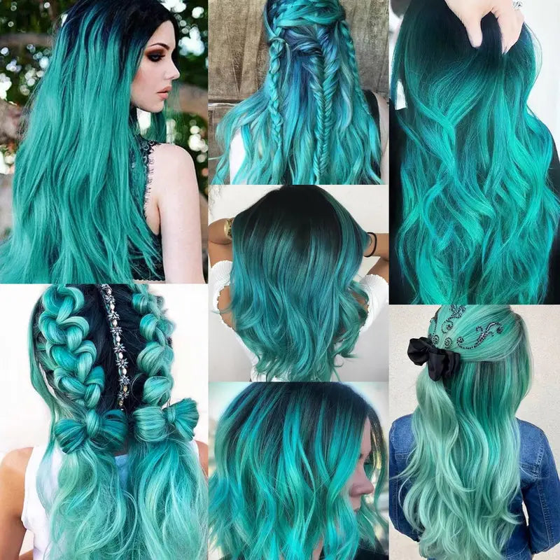 12 Pcs Teal Blue Clip-In Hair Extensions for Kids & Girls - 22 Inch Synthetic Highlights
