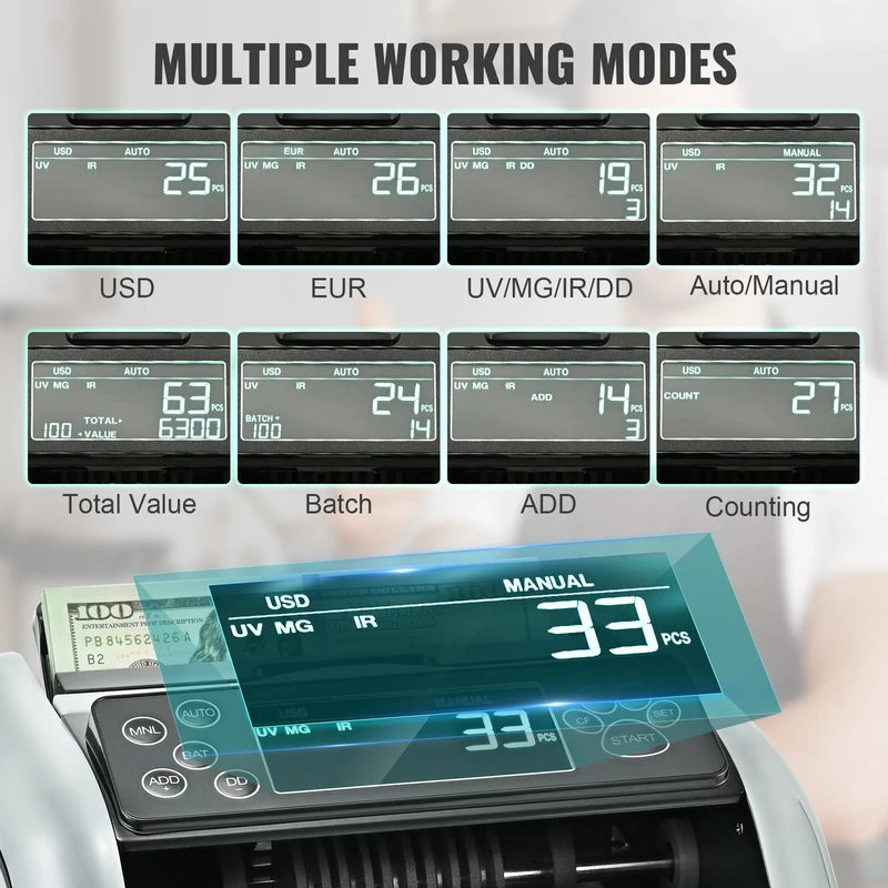 Cash Counter Machine with UV/MG/IR Detection 1000 Bills/Min for Business