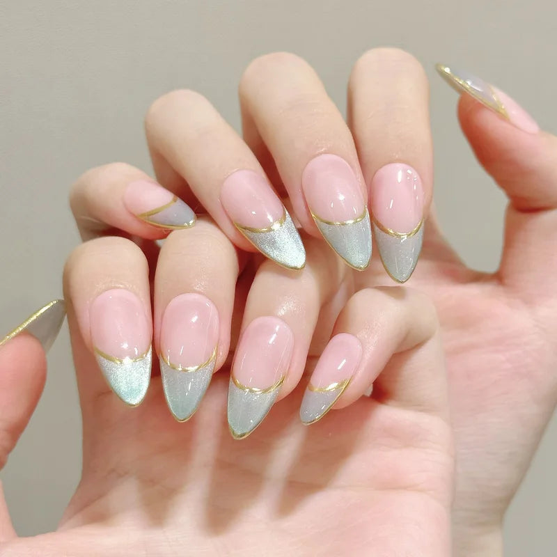 10PCS Handmade Press On Nails French Style with Glass Beads and Cat's Eye Effect
