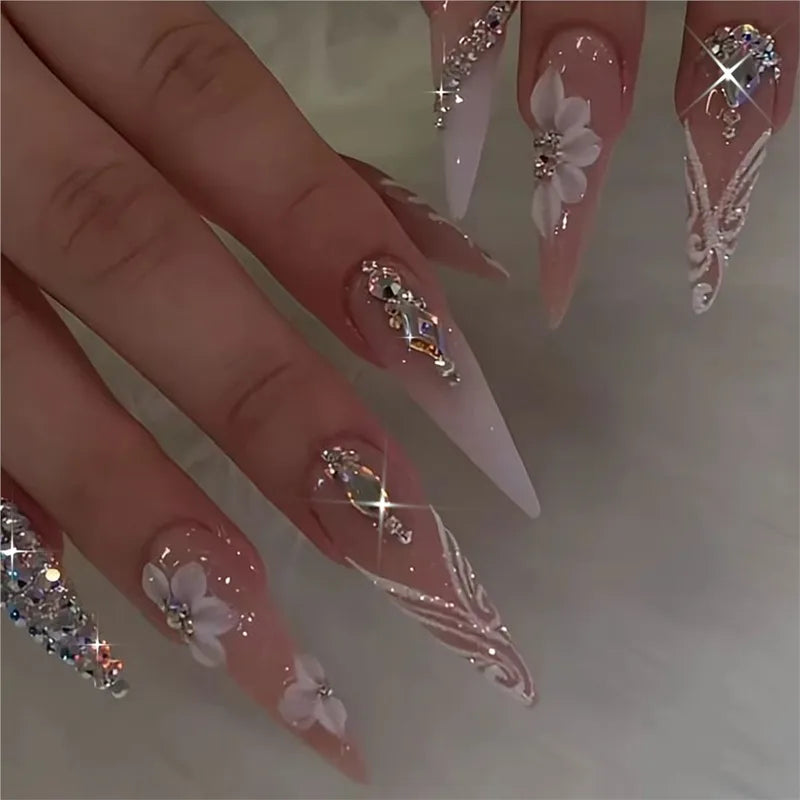 24Pcs Long Stiletto Fake Nails with Rhinestones & Gradient Finish — Full Cover French Style Press On Nails