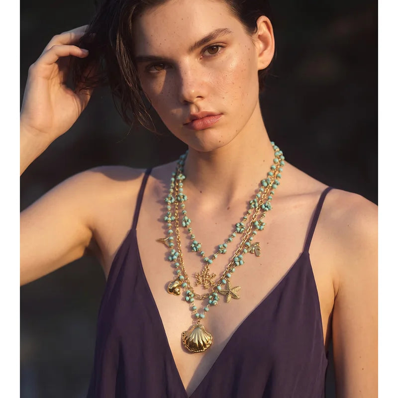 Ocean Series Glass Beads Chain Layered Necklace with Shell Starfish Drop Charm Summer Jewelry