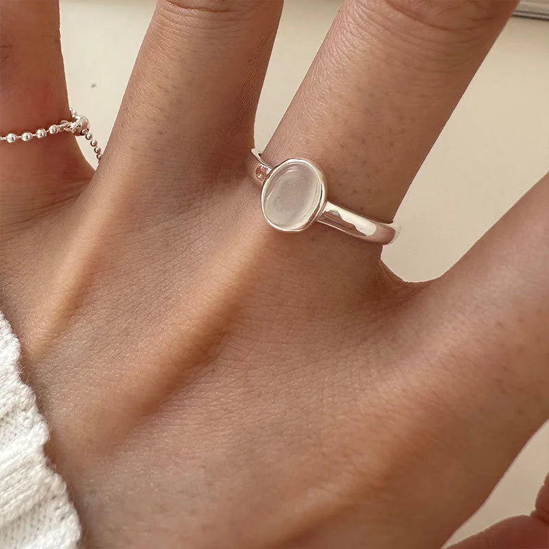 925 Sterling Silver Women's Ring Simple Vintage Adjustable Wide Stone Jewelry
