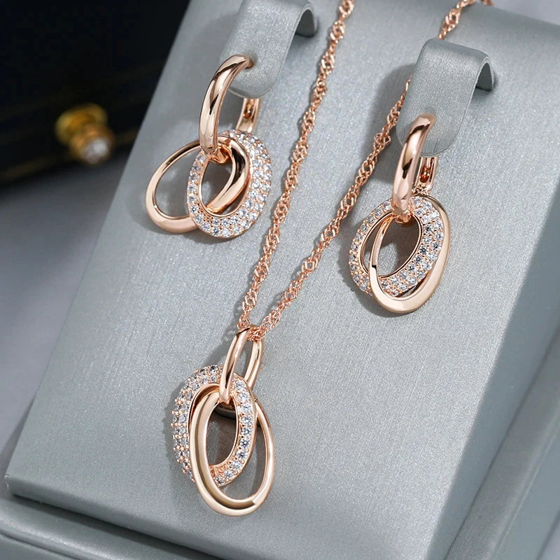 Double Hoop Zircon Earrings for Women 585 Rose Gold Finish Jewelry Sets