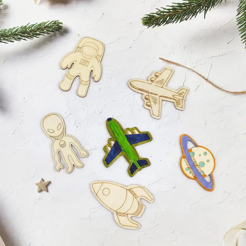 Wooden Space Craft Cutouts for Kids DIY Art Projects and Home Decor - 32 Pieces