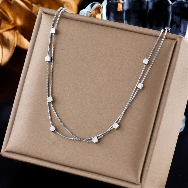 2-in-1 Stainless Steel Necklace for Women - Cube Chain Choker Jewelry Gift