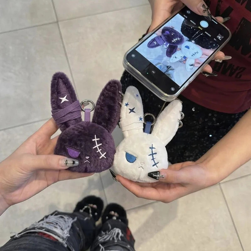 Halloween Gothic Bunny Plush Keychain - Cute Rabbit Bag Charm & Animal Pendant