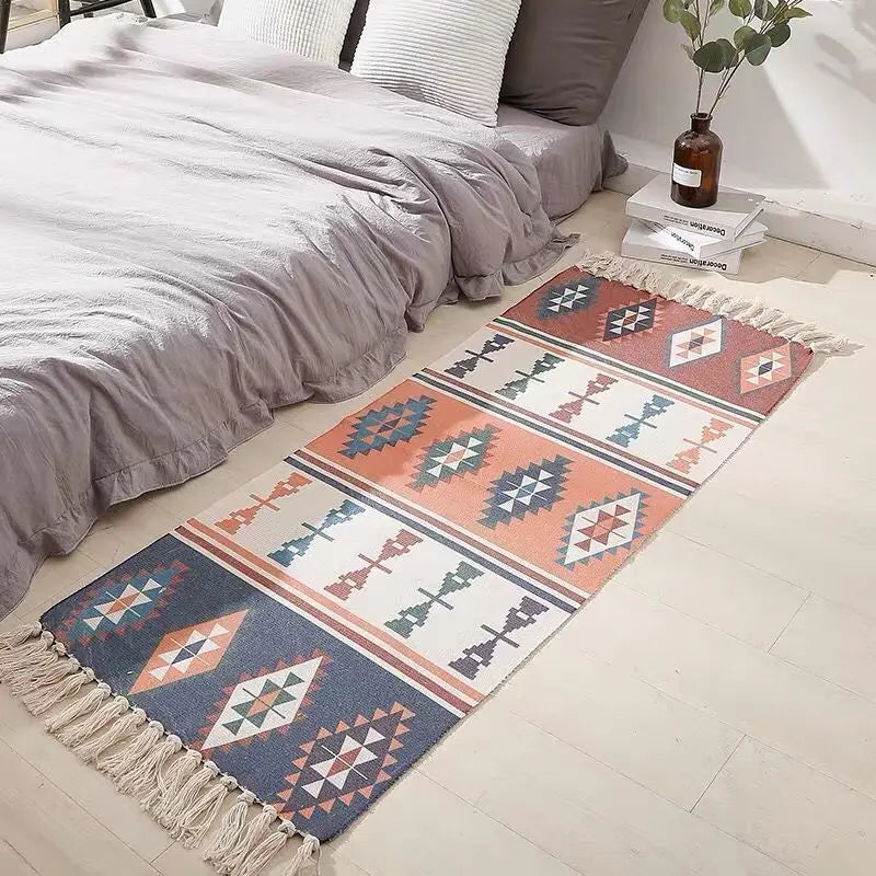 Boho Cotton Linen Rug 60x180cm with Tassels - Handwoven Floor Decor Carpet