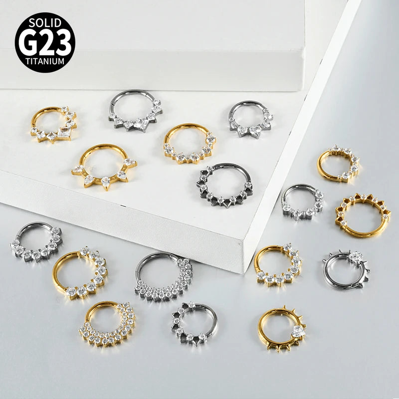 Titanium Septum Nose Ring 16G Hinge Clicker with Zircon Stone - Body Jewelry