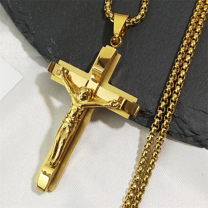 Christian Jesus Cross Pendant Necklace for Men Women Stainless Steel Gold Chain