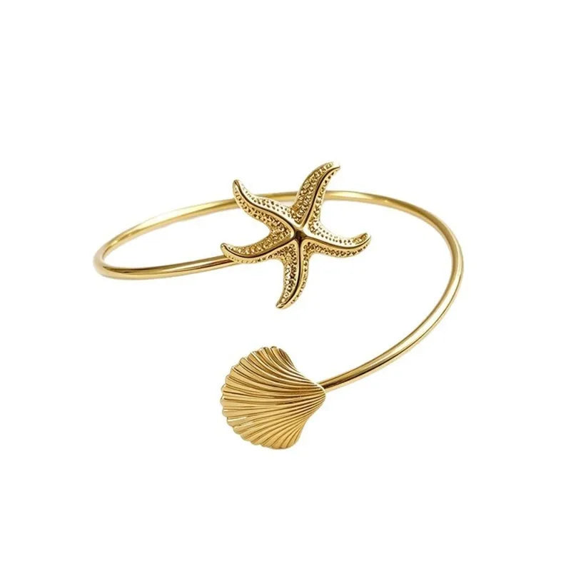 Ocean Style Upper Arm Cuff Bracelet for Women Starfish Spiral Design Gold Color Open Armlet