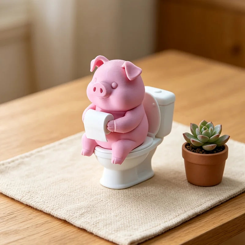 Cute Pig Sitting on Toilet Wall Decor - Bathroom & Home Office Display