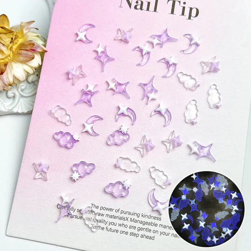 50PCS Transparent Resin Moon Cloud Nail Charms with Sparkling Star for DIY Nail Art