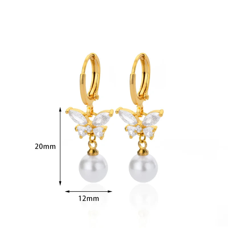 Butterfly Zircon Stainless Steel Pearl Earrings for Women - Gold Plated Piercing Jewelry