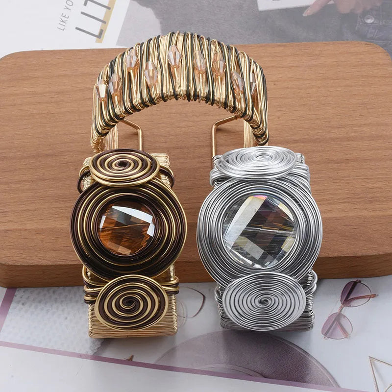 Heavy Metal Wire Winding Cuff Bangles for Women - Big Rhinestone Jewelry Gift