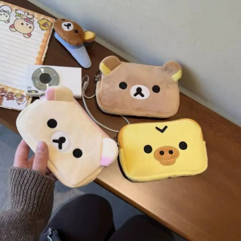 Cute Rilakkuma Coin Purse and Makeup Organizer Bag - Kawaii Plush Storage for Girls