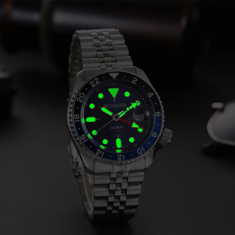 Men's 42mm GMT Quartz Watch with Luminous Hands Waterproof Stainless Steel