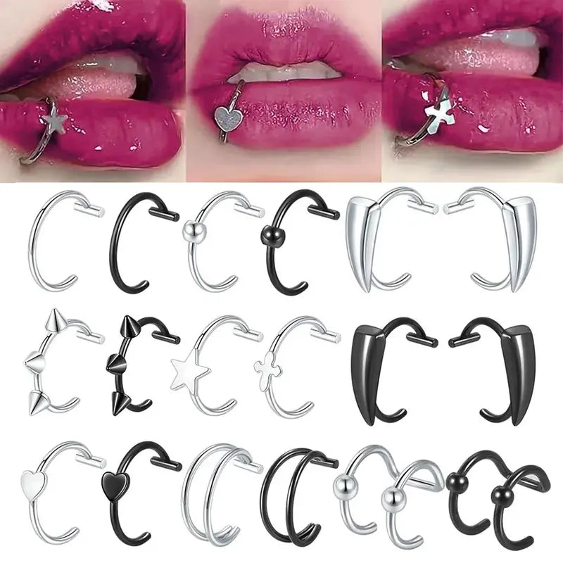 Set of 2/8/10 Stainless Steel Non-Pierced Lip Rings with Cross, Star, Heart, Cone Designs