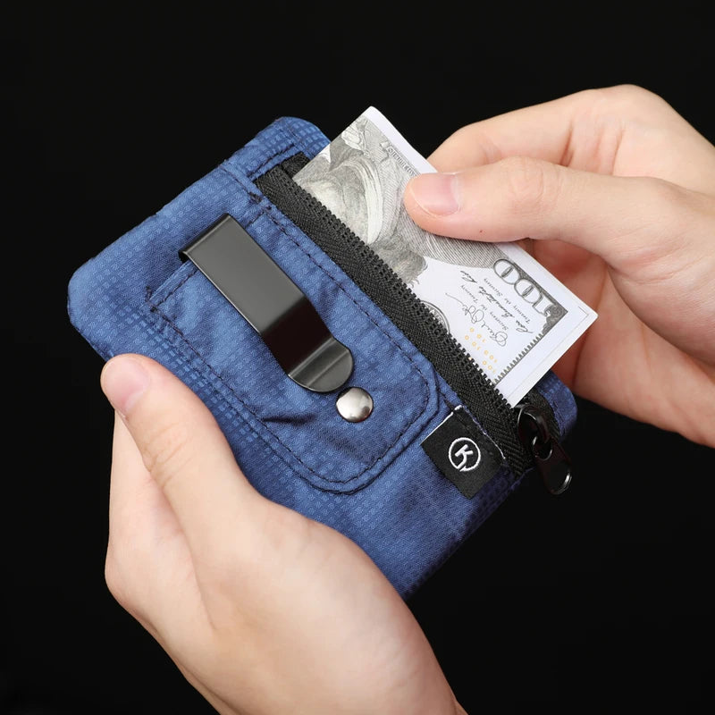 Mini Coin Purse RFID Blocking Fabric Wallet with Zipper & Belt Clip - Organizer for Cash & Coins