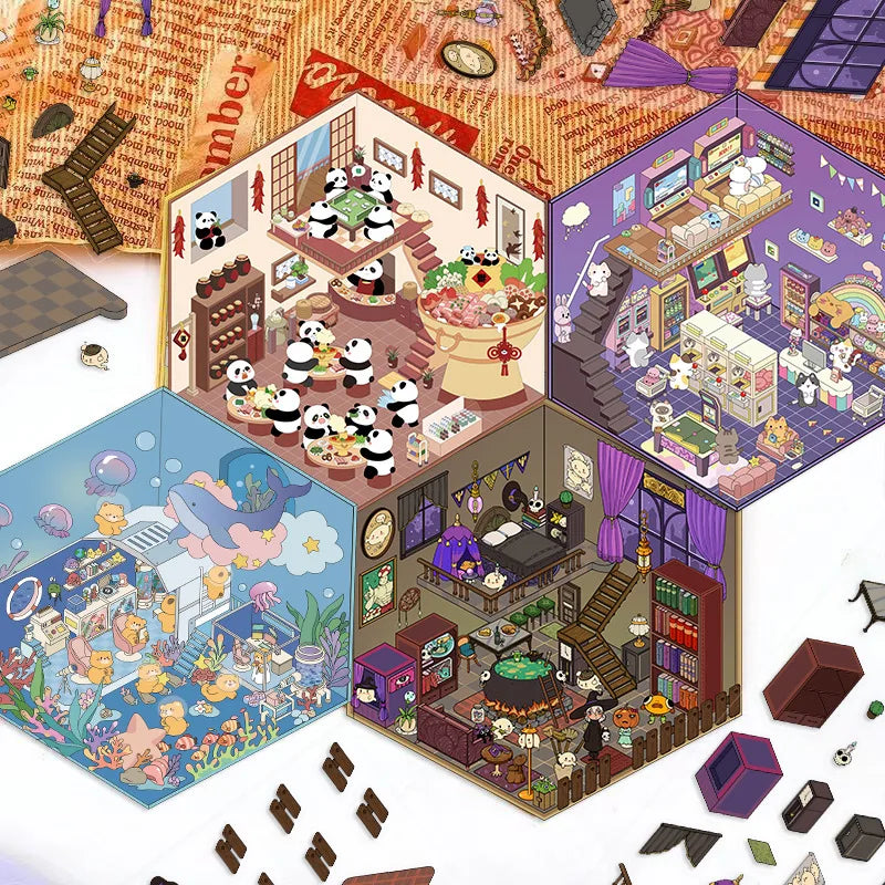 Cute 3D House Scene Stickers for DIY Crafts and Decompression - Miniature World Decor