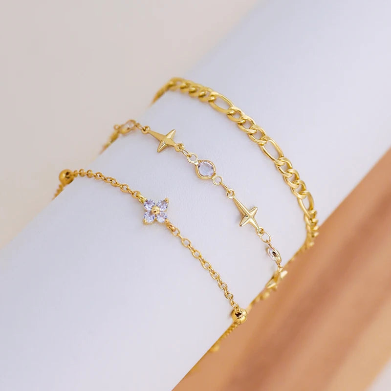 3-Pack Handmade Cross Chain Anklet with Eye-Shaped Crystal and Flower Decor Beach Jewelry