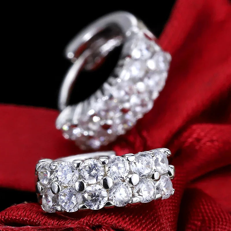 925 Sterling Silver Double Row Crystal Round Earrings for Women