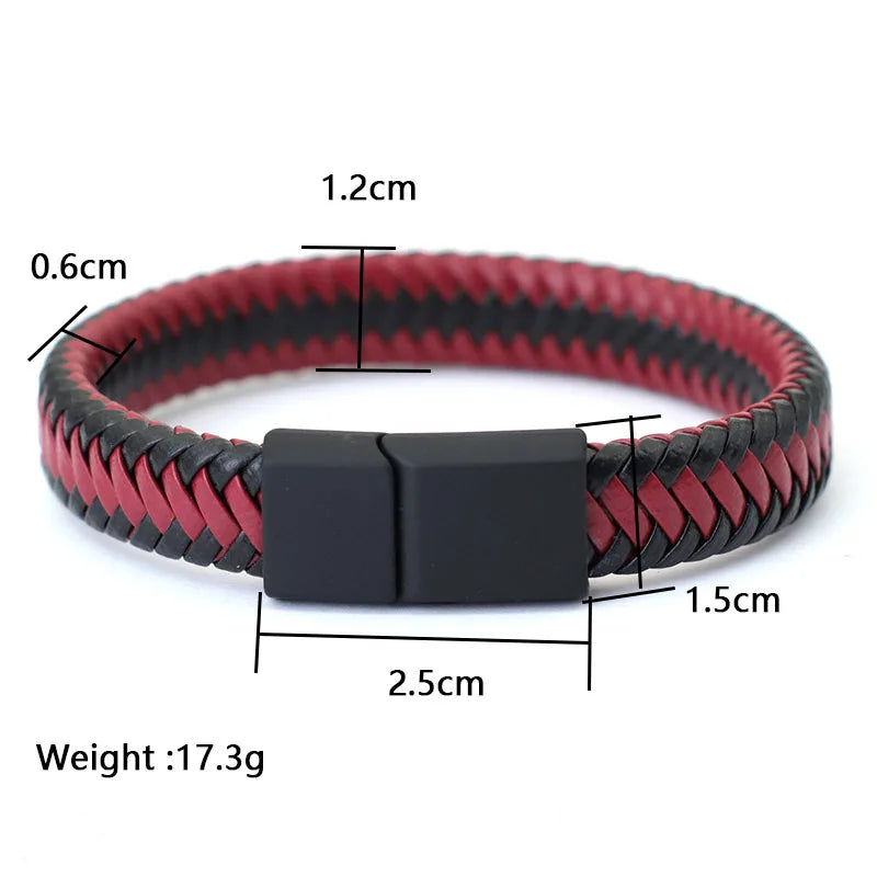 Men's Leather Bracelet Bangle with Magnetic Clasp - Black Braided Punk Style, Gift for Him