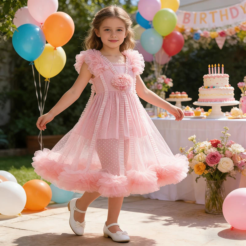 Kids Pink Ruffle Princess Costume Dress for Halloween & Parties