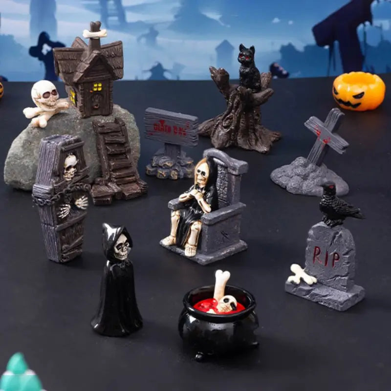 Halloween Miniature Figurine Bone Skull Coffin House Chair Ghost Decor Resin