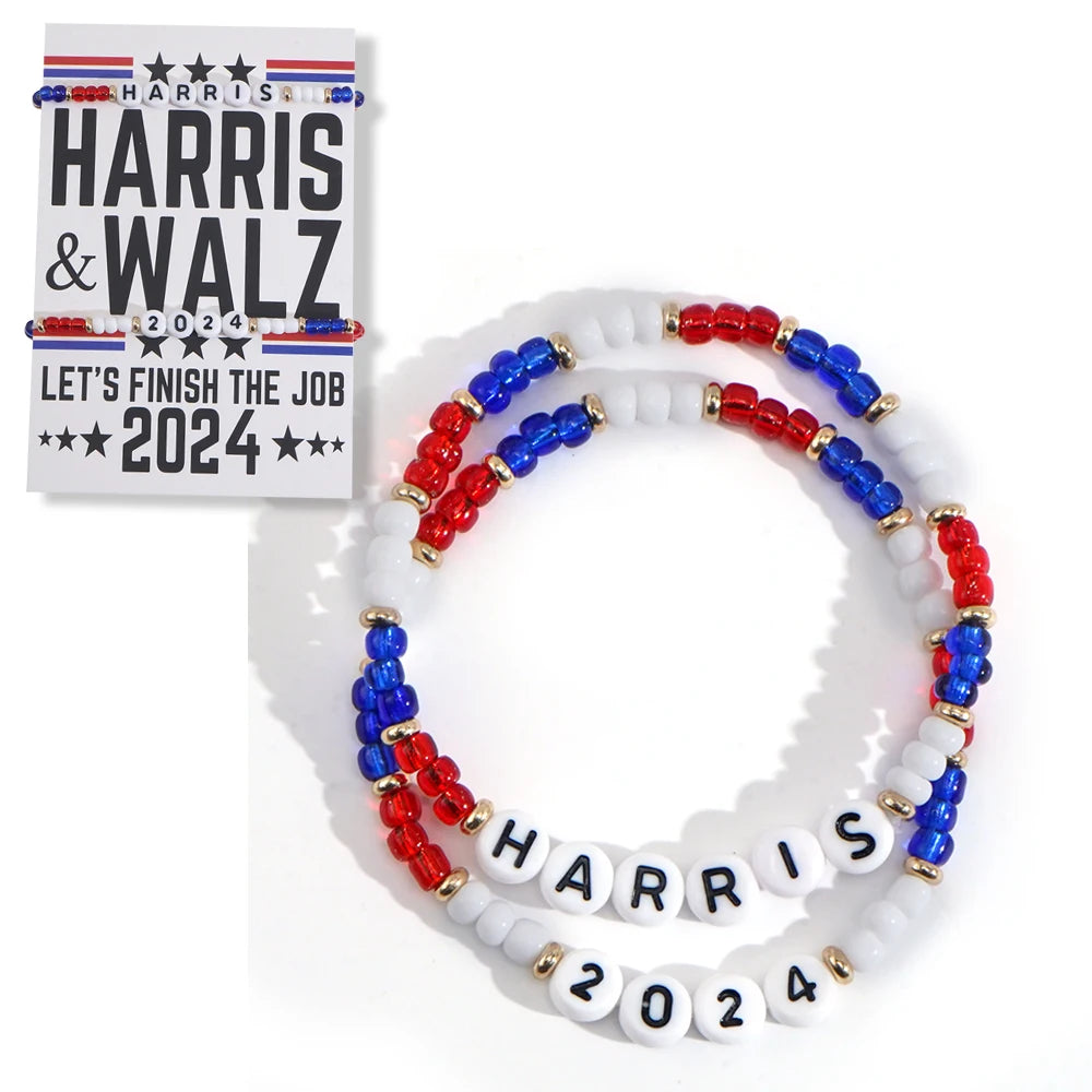 Bohemian Style American Flag Bead Bracelet Set with Voting Campaign Cards - 2 Pieces