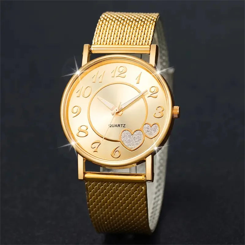 Heart Women's Watch Set with Butterfly Jewelry - Golden Quartz, Resin Band, Analog