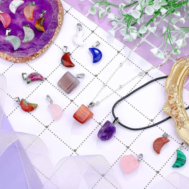 30 Pcs Crystal Gemstone Pendant Set Irregular Moon Shape Jewelry Charms