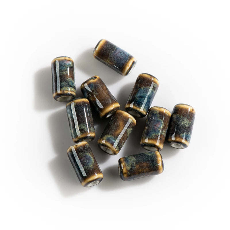 Small Cylindrical Ceramic Beads for Jewelry Making - 10pcs Handmade Pendant Material