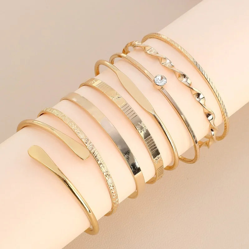 8-Piece Fashion Twist Texture Crystal Geometric Bangles Set for Women