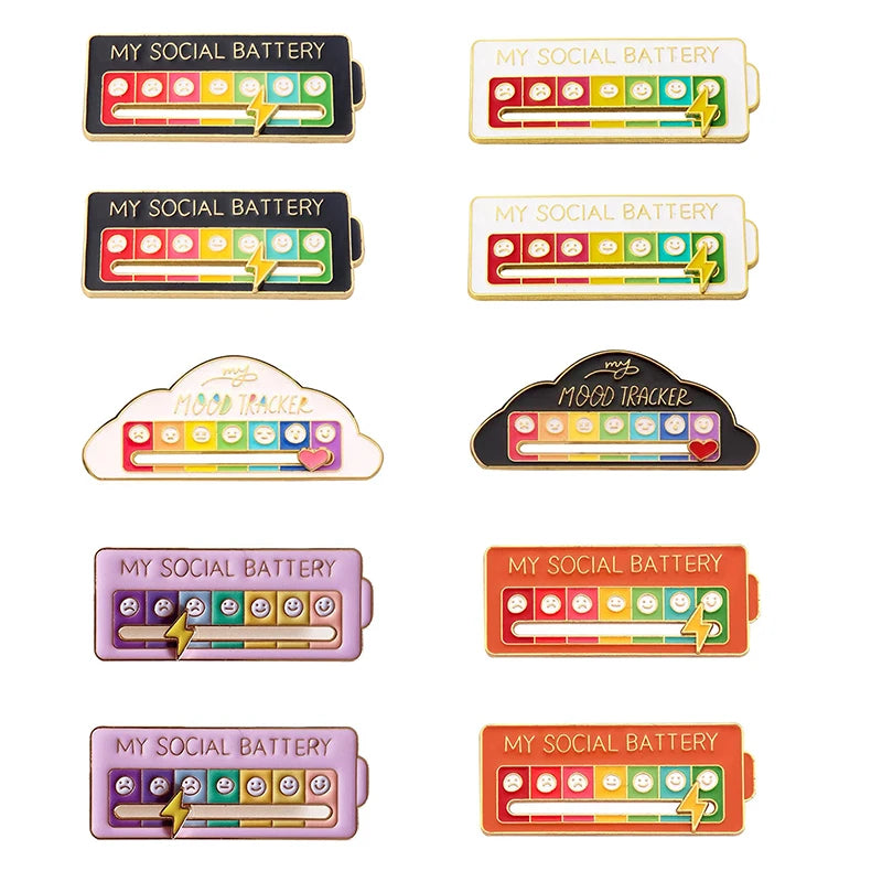 10-Pack Social Battery Badge Pins Mood Expression Brooches for Women & Men