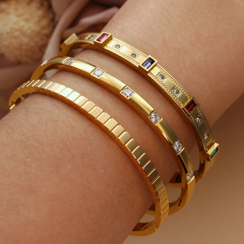 Square Coloured Zircon Stainless Steel Stacking Bracelet for Women