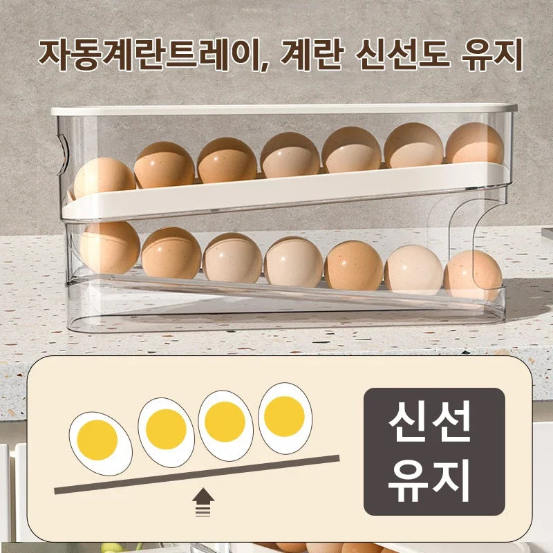 Bi-Layer Egg Storage Box with Automatic Rolling Rack - Refrigerator Egg Organizer