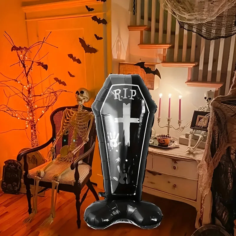 Black Coffin Balloon Halloween Party Decoration Cross Pattern Aluminum Film Balloon Indoor Outdoor
