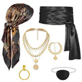 Halloween Pirate Accessory Set - Headscarf, Waist Belt, Necklace, Eye Mask for Parties