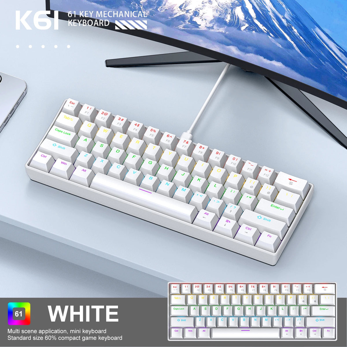 Mini Wired Gaming Mechanical Keyboard 61 Keys RGB Backlit Compact for PC Laptop